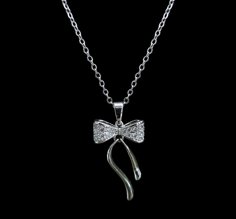 Silver Luxury Bow Tie Crystal Necklace With Flowing Moveable Ribbons