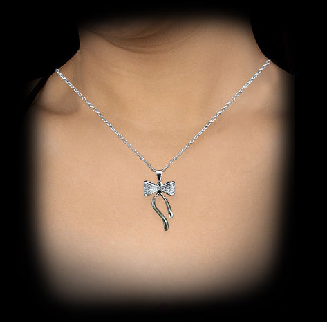 Silver Luxury Bow Tie Crystal Necklace With Flowing Moveable Ribbons