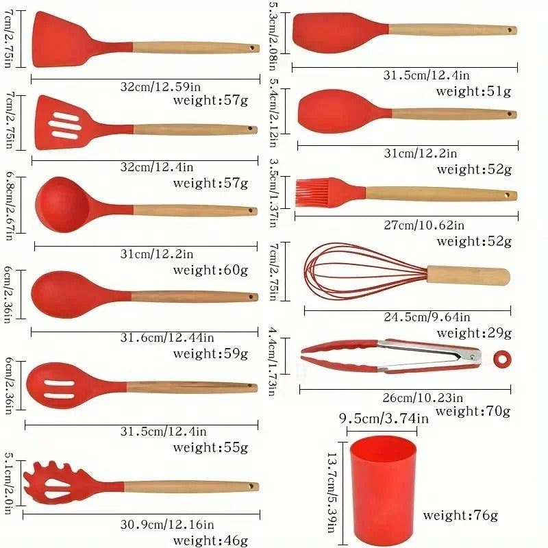 12pcs Set of Silicone Wooden Handle Kitchenware Set Non Stick