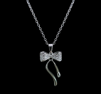 Silver Luxury Bow Tie Crystal Necklace With Flowing Moveable Ribbons