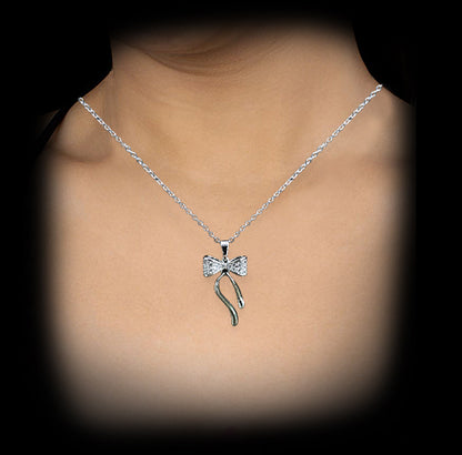 Silver Luxury Bow Tie Crystal Necklace With Flowing Moveable Ribbons