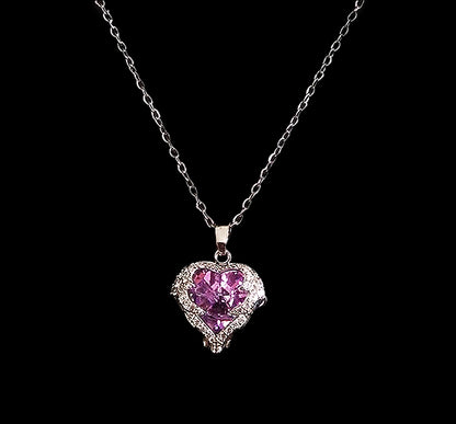 Stainless Steel Purple Crystal Ocean Heart Necklace