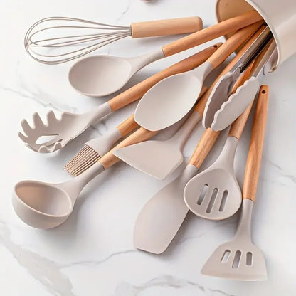 12pcs Set of Silicone Wooden Handle Kitchenware Set Non Stick