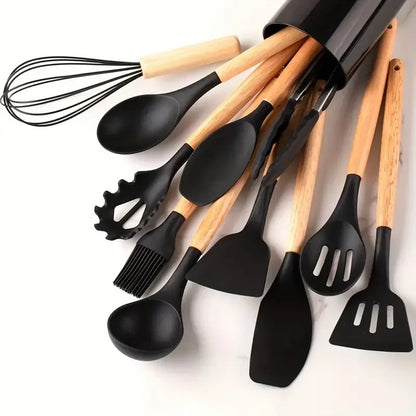 12pcs Set of Silicone Wooden Handle Kitchenware Set Non Stick