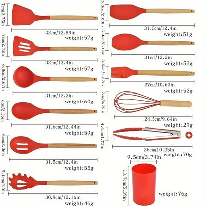 12pcs Set of Silicone Wooden Handle Kitchenware Set Non Stick