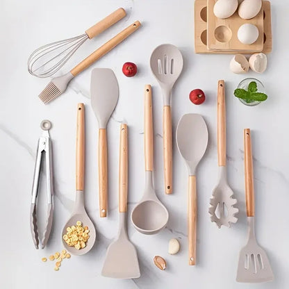 12pcs Set of Silicone Wooden Handle Kitchenware Set Non Stick